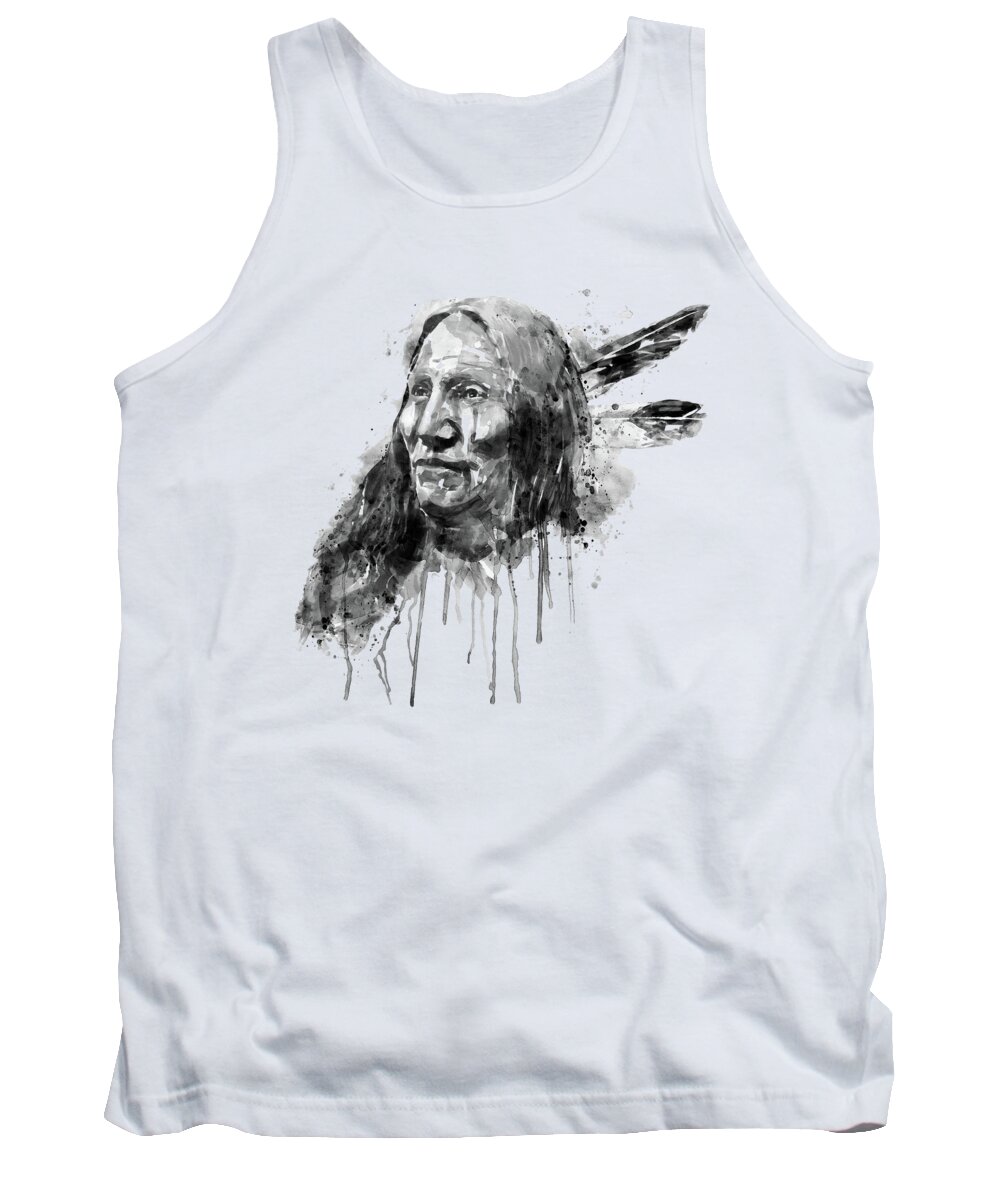 Native American Tank Top featuring the painting Native American Portrait Black and White by Marian Voicu