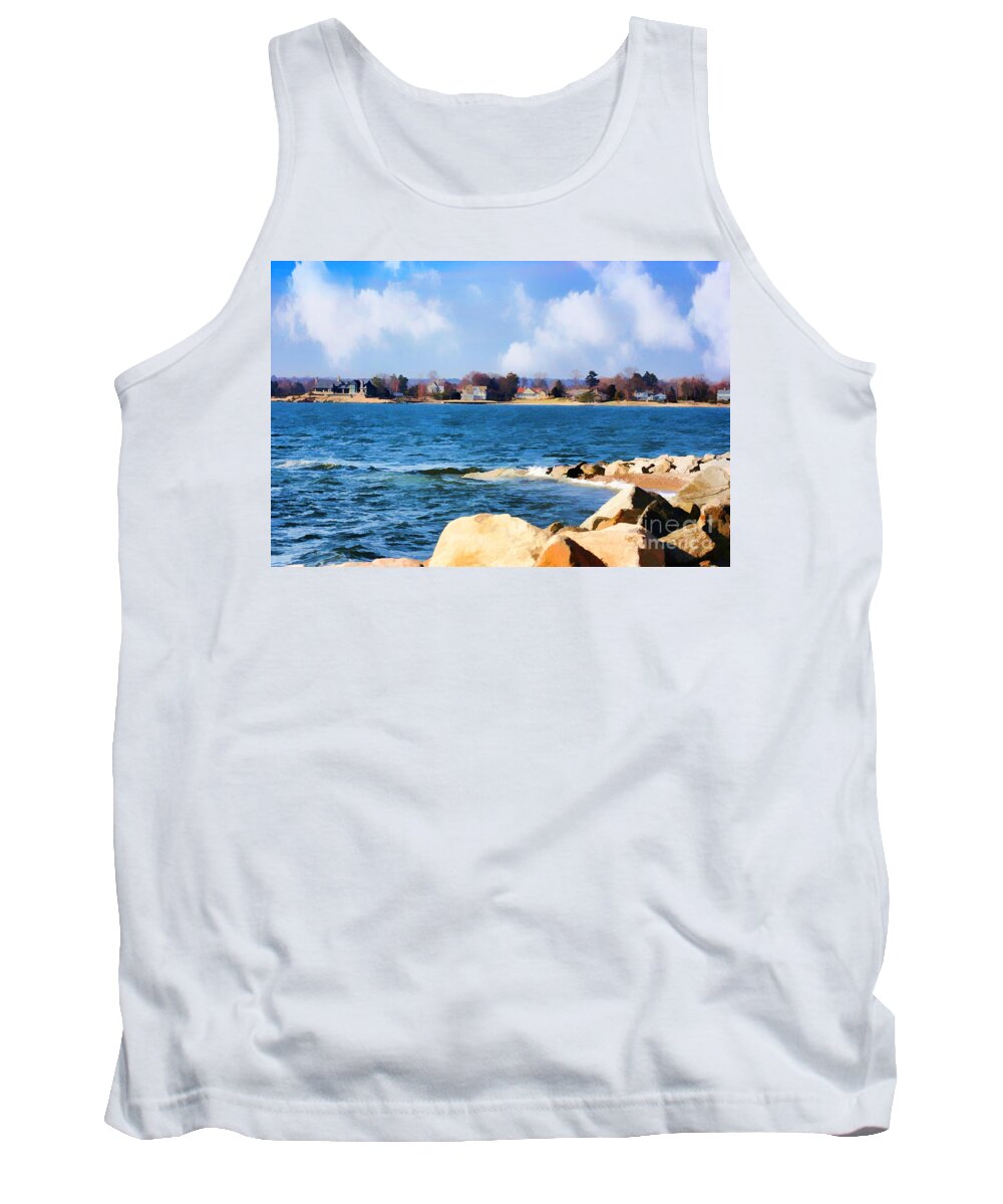 New England Tank Top featuring the painting New England Shoreline - Painterly by Judy Palkimas