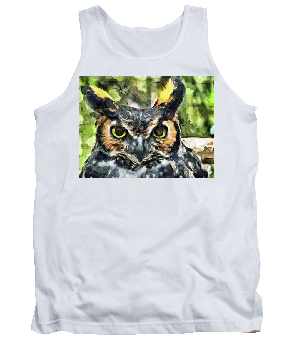 Owl Tank Top featuring the mixed media Night Owl by Trish Tritz