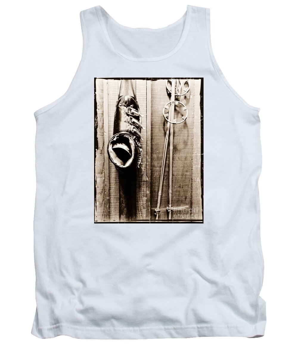Snow Tank Top featuring the photograph Old Ski Boot and Pole by Amy Fearn