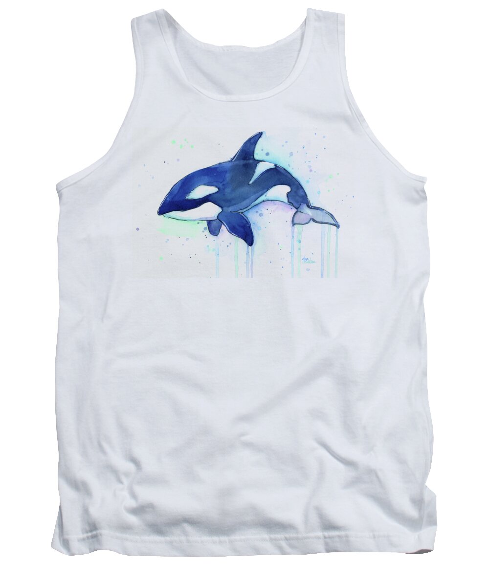 Killer Whale Tank Top featuring the painting Orca Whale Watercolor Killer Whale Facing Right by Olga Shvartsur