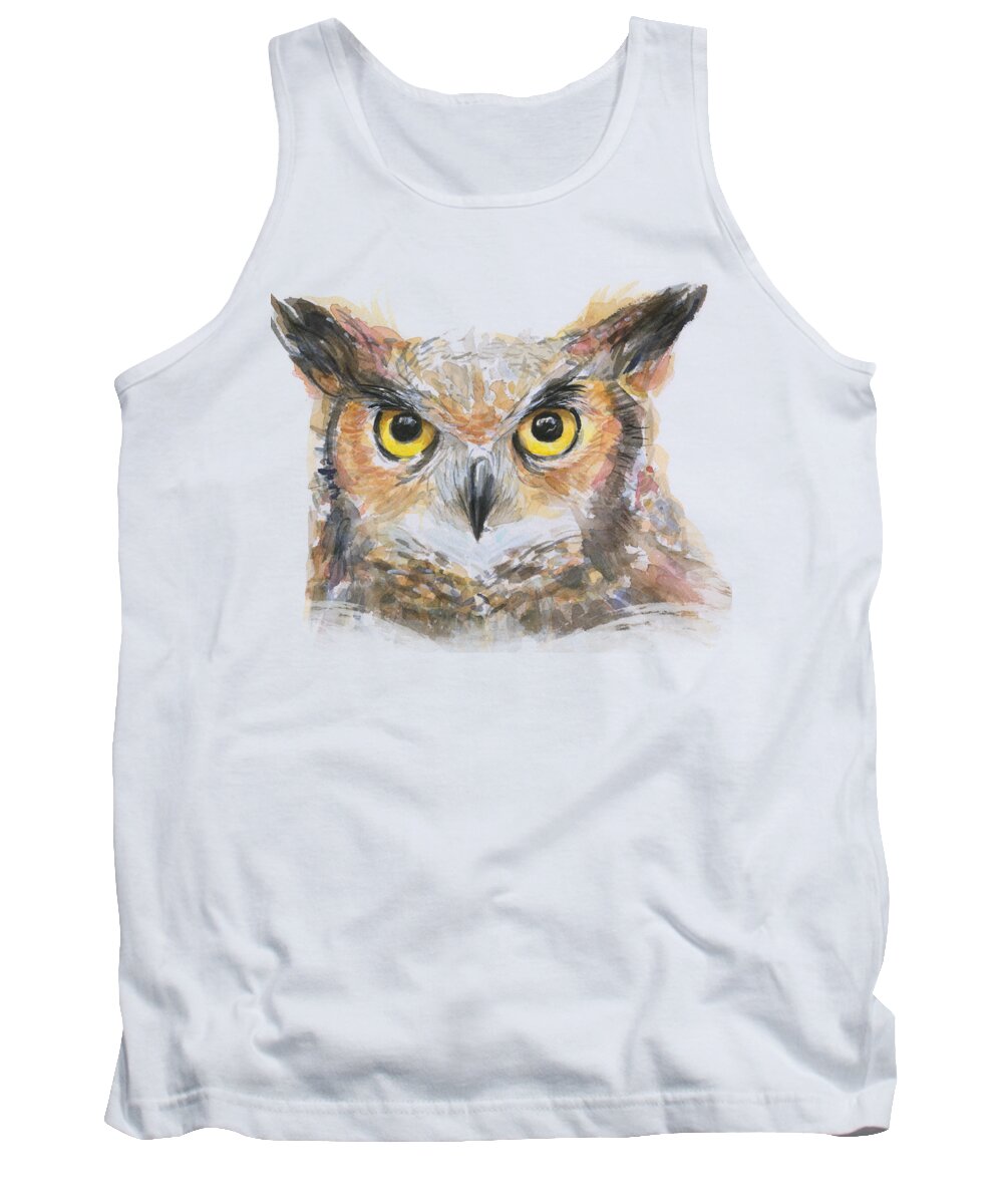 Old Tank Top featuring the painting Owl Watercolor Portrait Great Horned by Olga Shvartsur