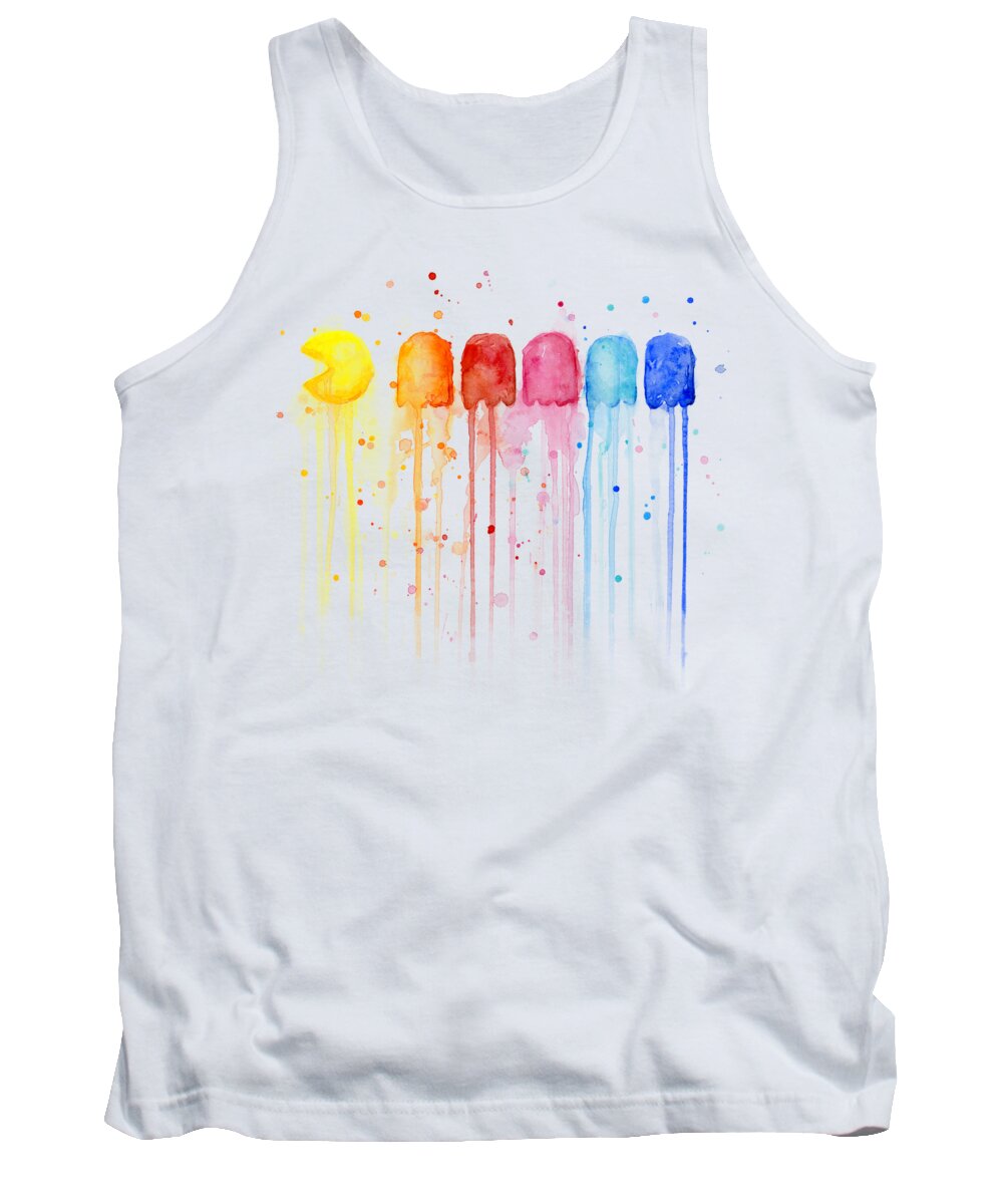 Video Game Tank Top featuring the painting Pacman Watercolor Rainbow by Olga Shvartsur