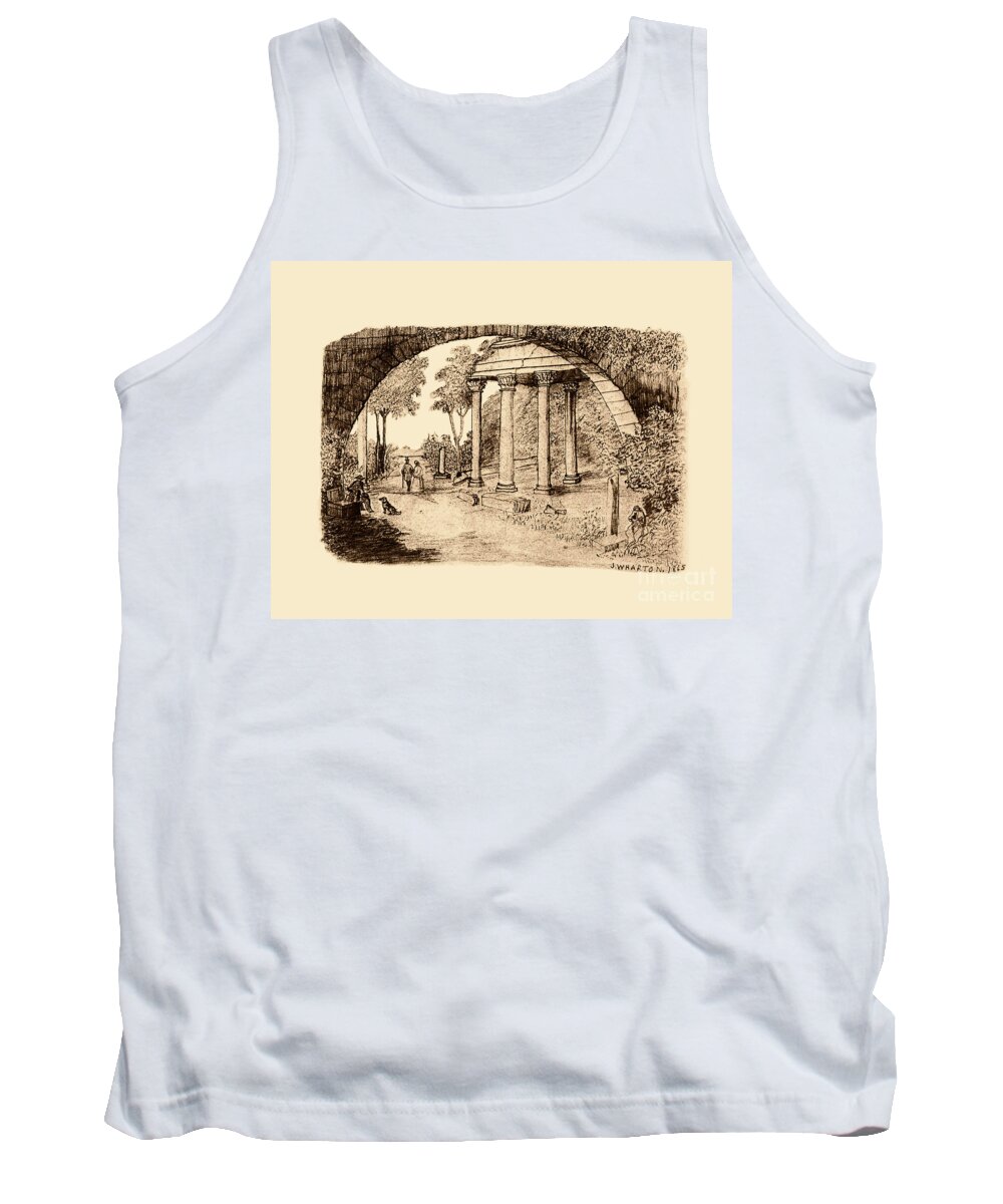 Pan Tank Top featuring the drawing Pan Looking Upon Ruins by Donna L Munro