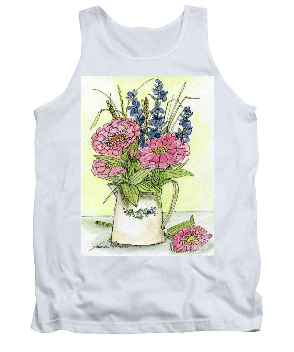 Pink Flowers Tank Top featuring the painting Pink Zinneas by Laurie Rohner