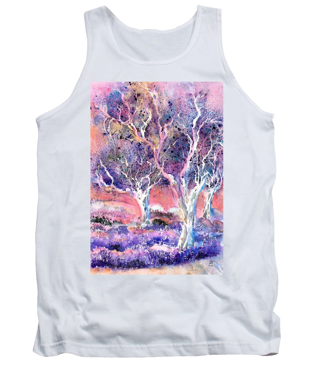 Lavender Field And Olive Trees Tank Top featuring the painting Provence Lavender Field and Olive Trees by Sabina Von Arx