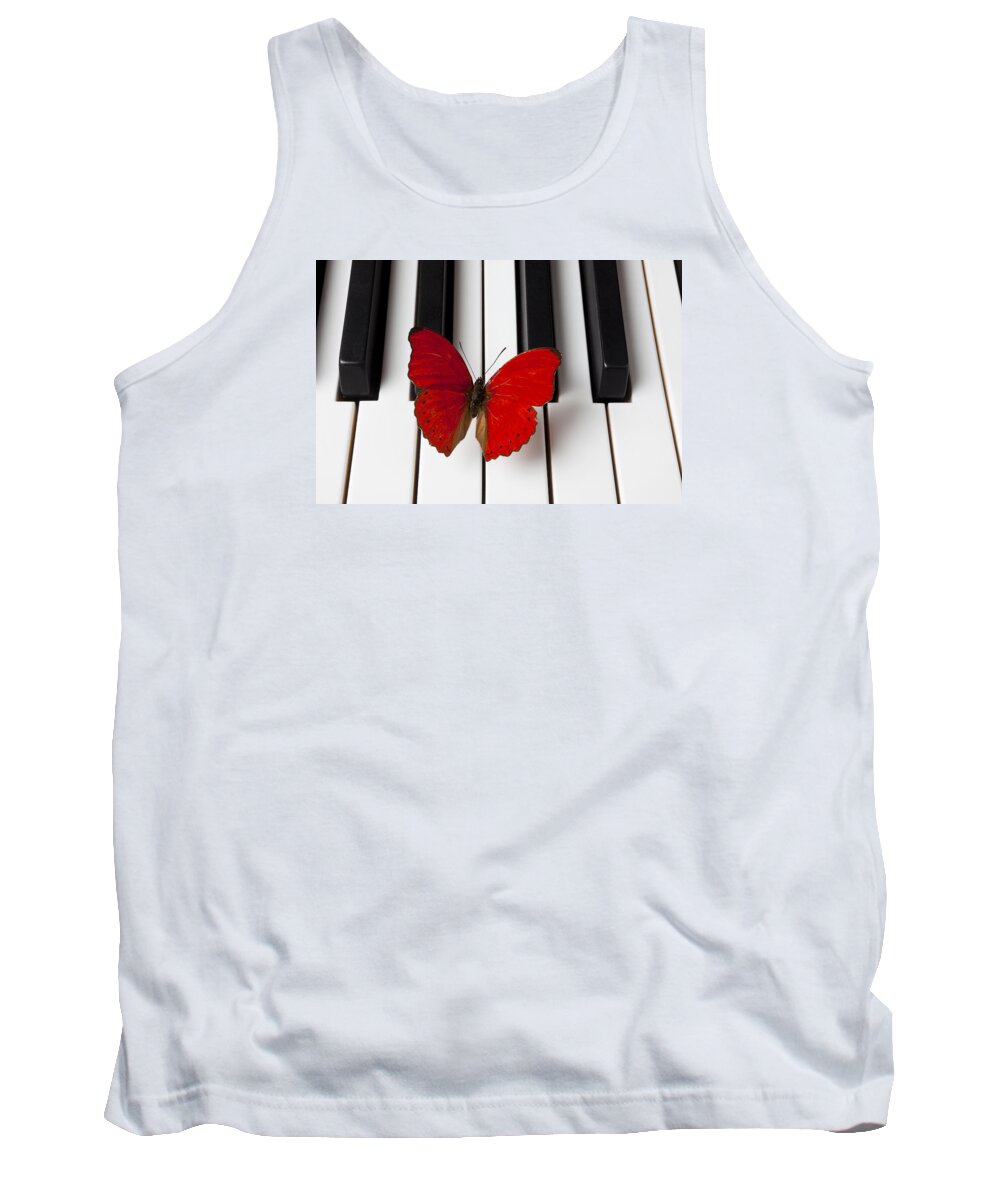 Red Butterfly Tank Top featuring the photograph Red Butterfly On Piano Keys by Garry Gay