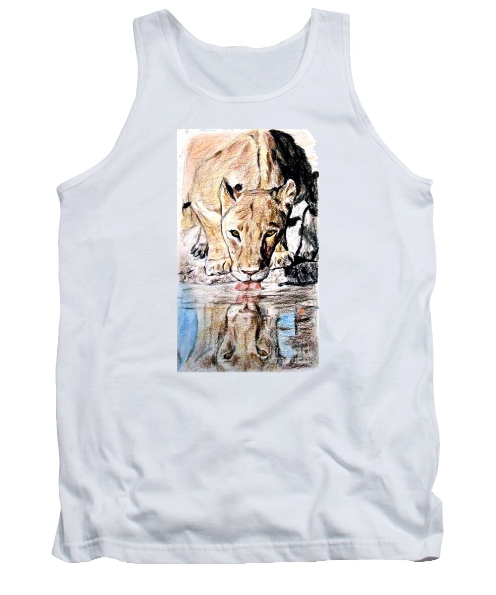 Jim Fitzpatrick Tank Top featuring the drawing Reflection of a Lioness Drinking from a Watering Hole by Jim Fitzpatrick