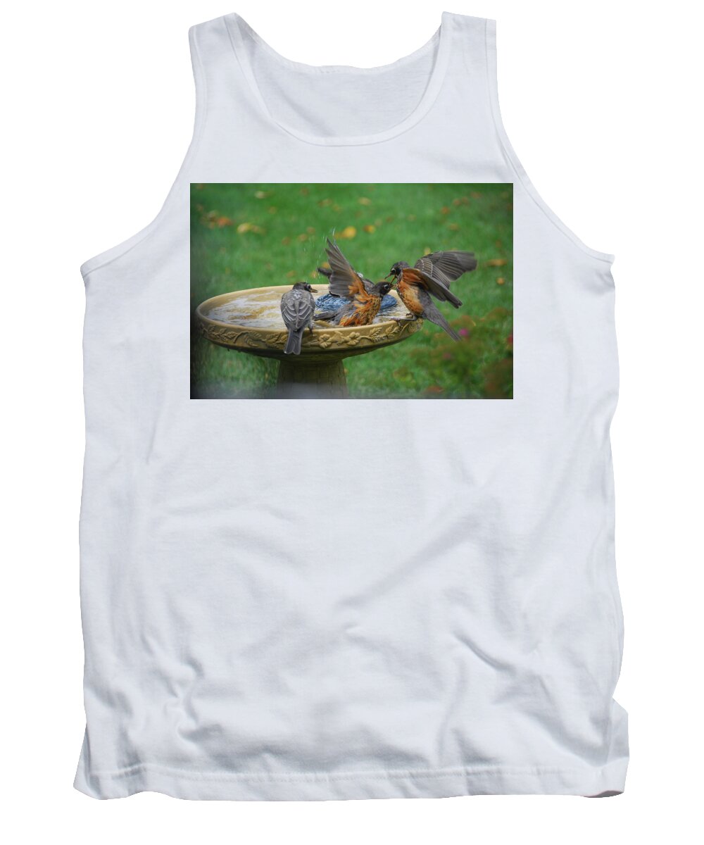 Three Tank Top featuring the photograph Robins bathing by Wanda Jesfield