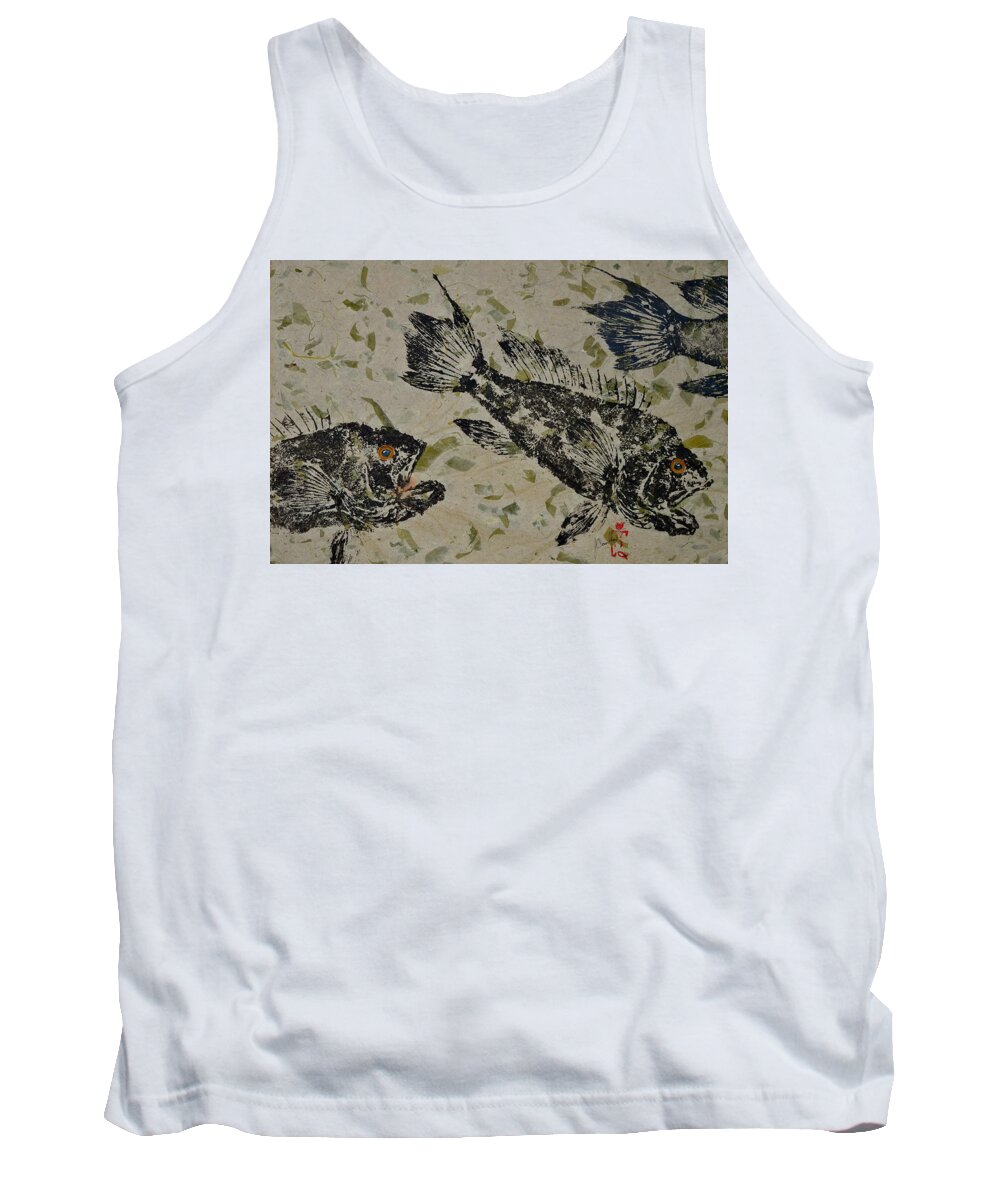 Gyotaku Tank Top featuring the mixed media Sea Bass School on Olive Mango Paper by Jeffrey Canha