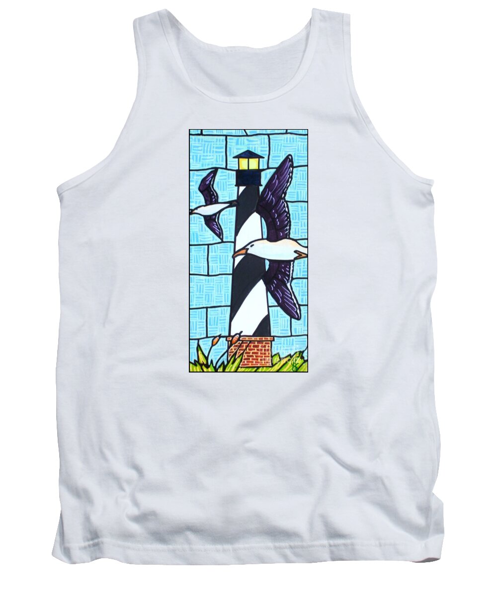 Seagulls Tank Top featuring the painting Seagulls and Lighthouse by Jim Harris