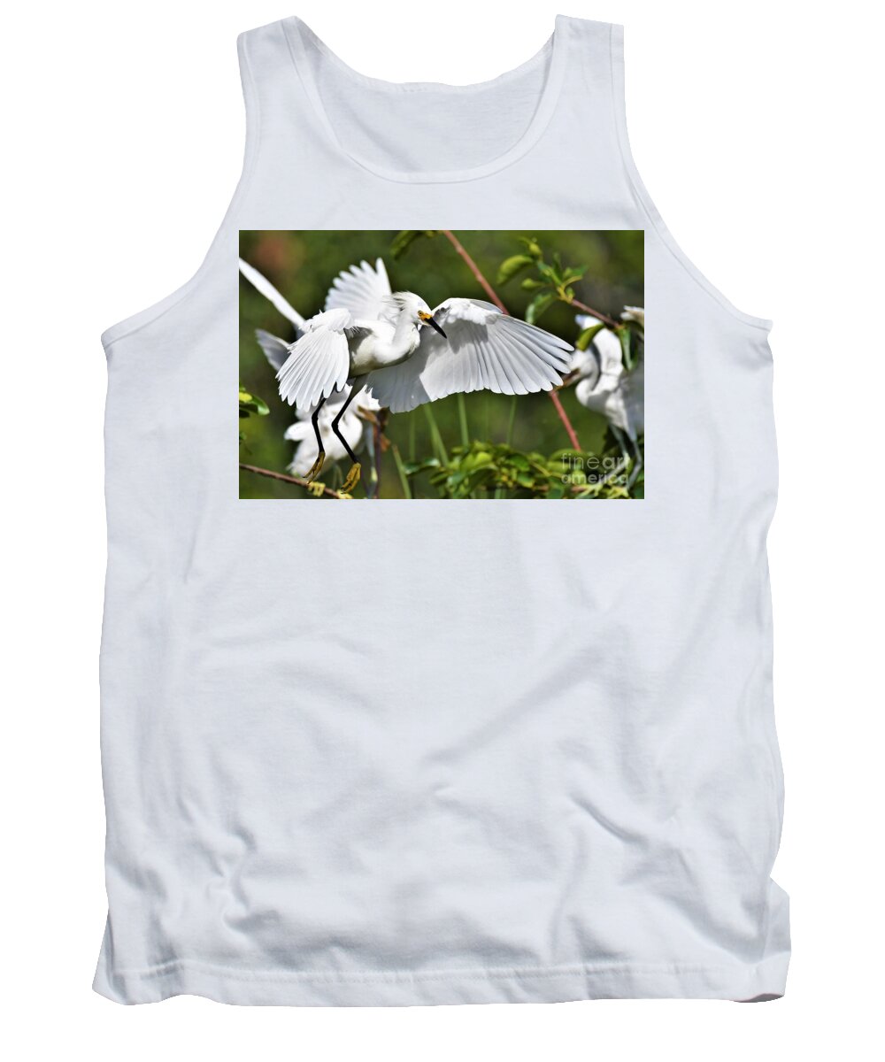 Snowy Egret Tank Top featuring the photograph Snowy Egret Flying In by Julie Adair