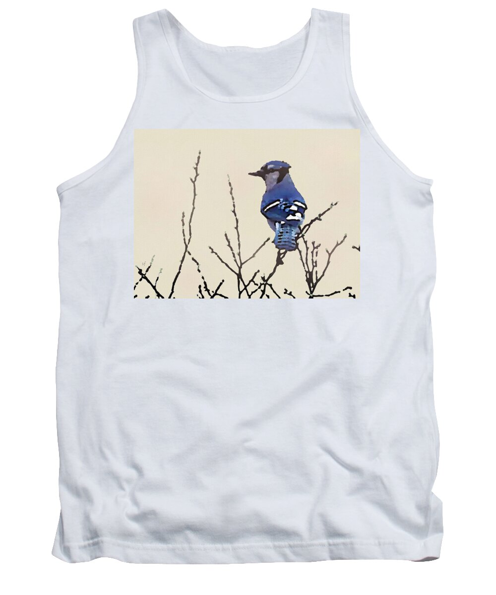 Bird Tank Top featuring the mixed media Spring Blue Jay by Shelli Fitzpatrick