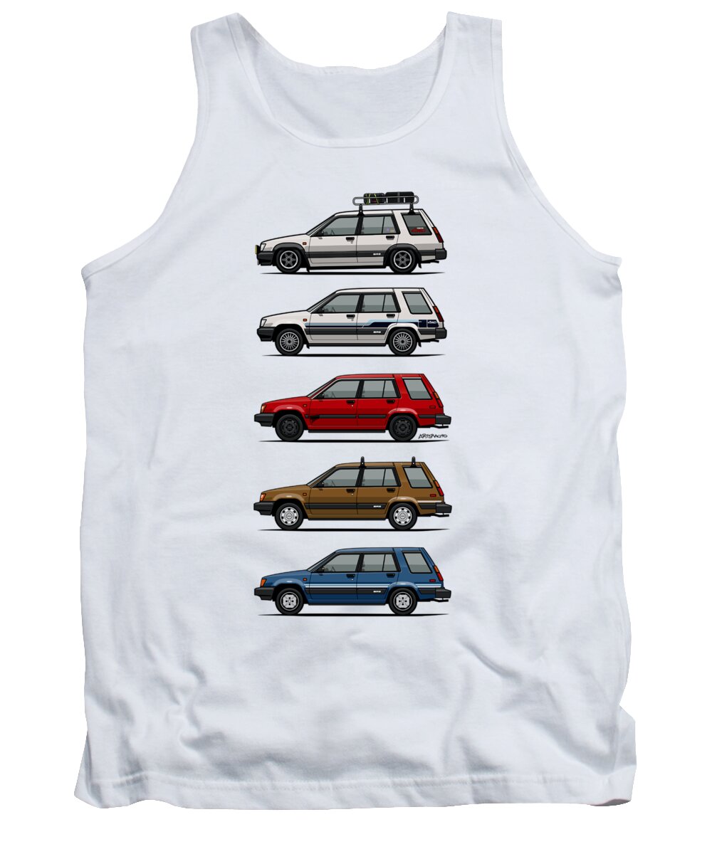 Car Tank Top featuring the digital art Stack of Toyota Tercel SR5 4WD AL25 Wagons by Tom Mayer II Monkey Crisis On Mars