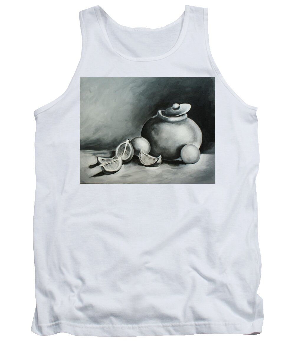 Oranges Tank Top featuring the painting Study of lemons, oranges and covered jug in Black and White by Theresa Cangelosi