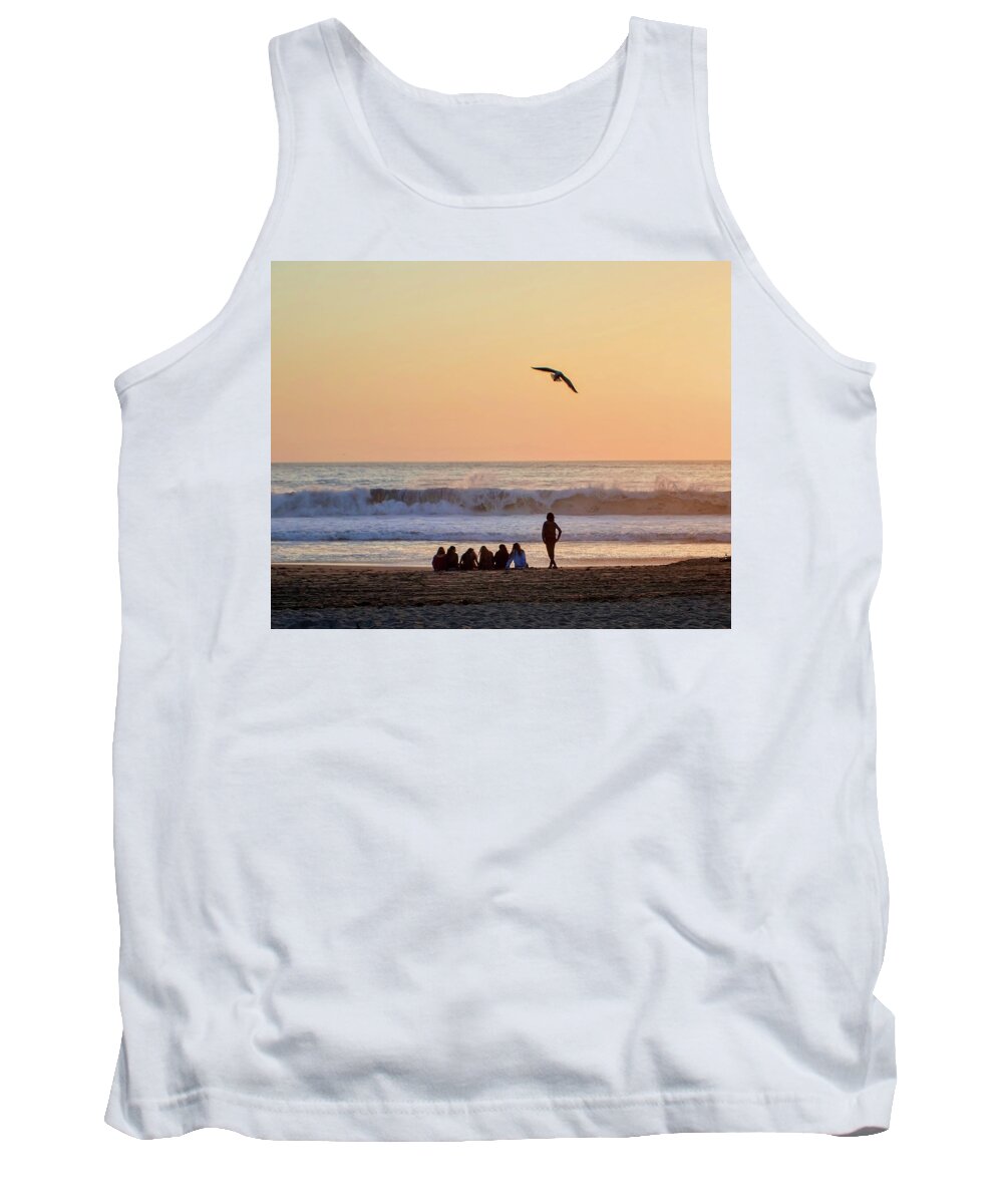 Ocean Waves Sunset Seagull People Sand Beach Tank Top featuring the photograph Sunset Watch by Wendell Ward