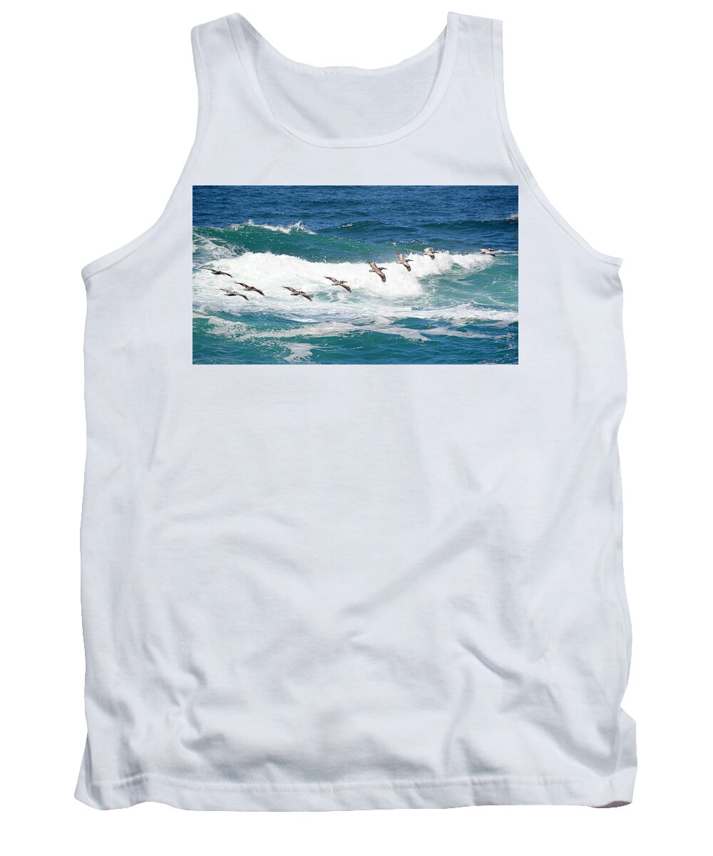 Birds Tank Top featuring the photograph Surf and Pelicans by AJ Schibig