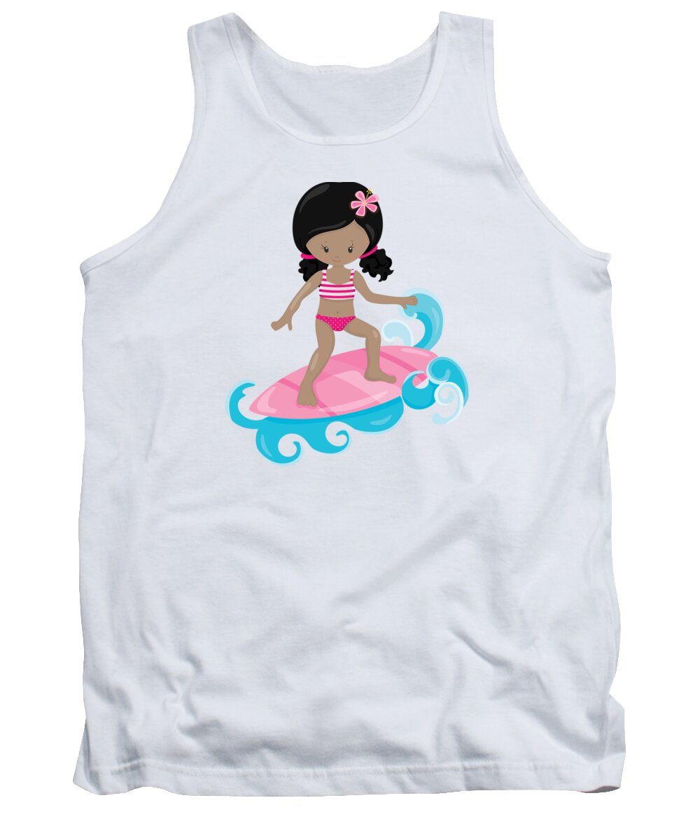 Surfer Art Tank Top featuring the digital art Surfer Art Catch A Wave Girl With Surfboard #20 by KayeCee Spain