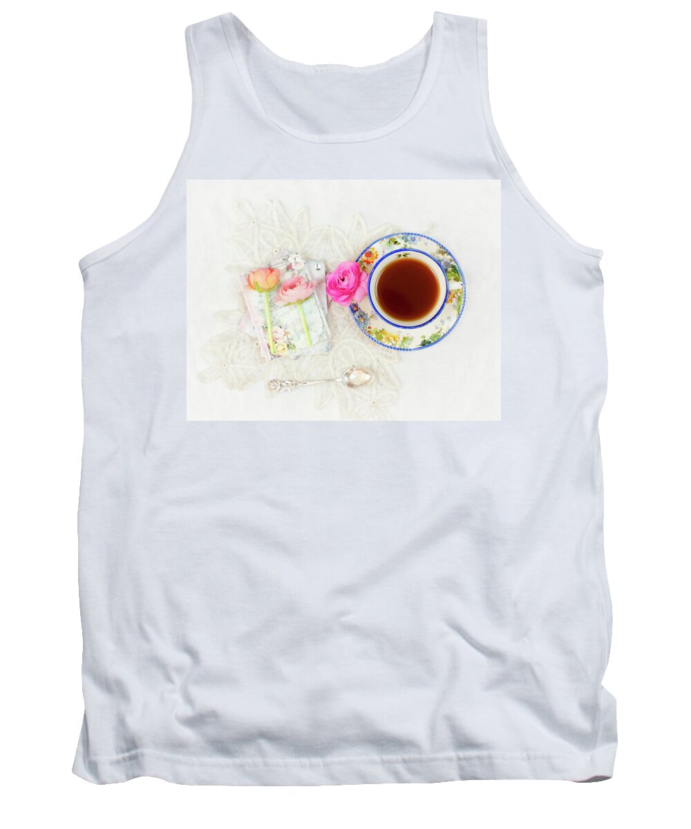 Tea Tank Top featuring the photograph Tea and Journals with Ranunculus by Susan Gary