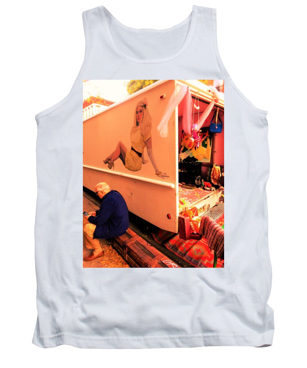 Man Tank Top featuring the photograph Texting under a sexy lady's watchful eye by Funkpix Photo Hunter