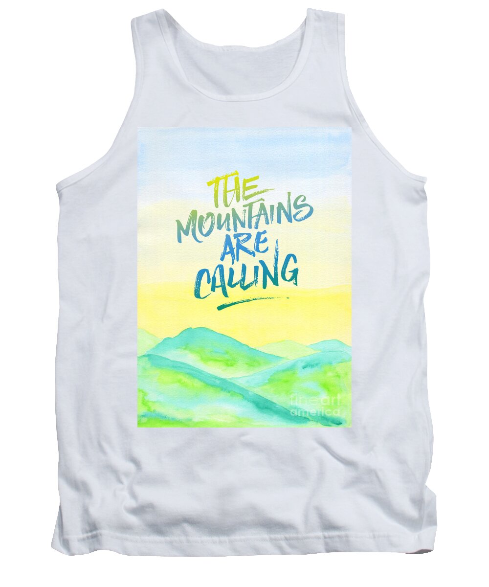 The Mountains Are Calling Tank Top featuring the painting The Mountains Are Calling Yellow Blue Sky Watercolor Painting by Beverly Claire Kaiya