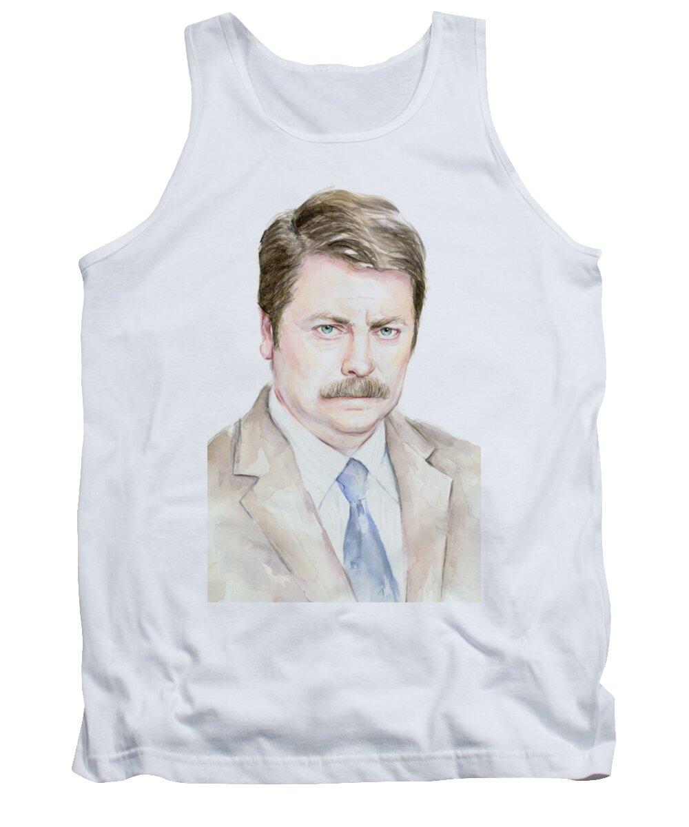 Swanson Tank Top featuring the painting Ron Swanson Watercolor Portrait by Olga Shvartsur