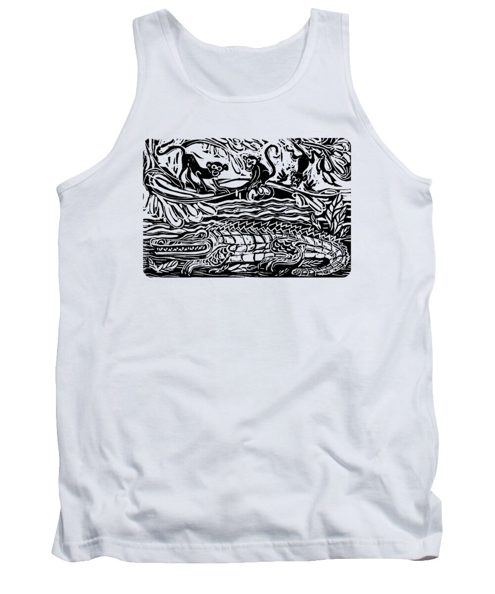 Linoleum Print Tank Top featuring the relief Three Little Monkeys by Katherine Nutt