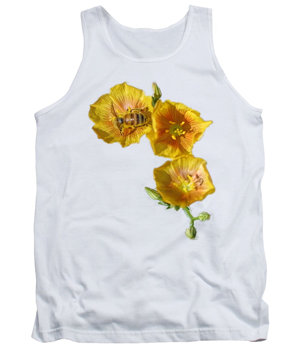 Flowers Tank Top featuring the photograph Three Yellow Flowers with a Bee by Linda Phelps