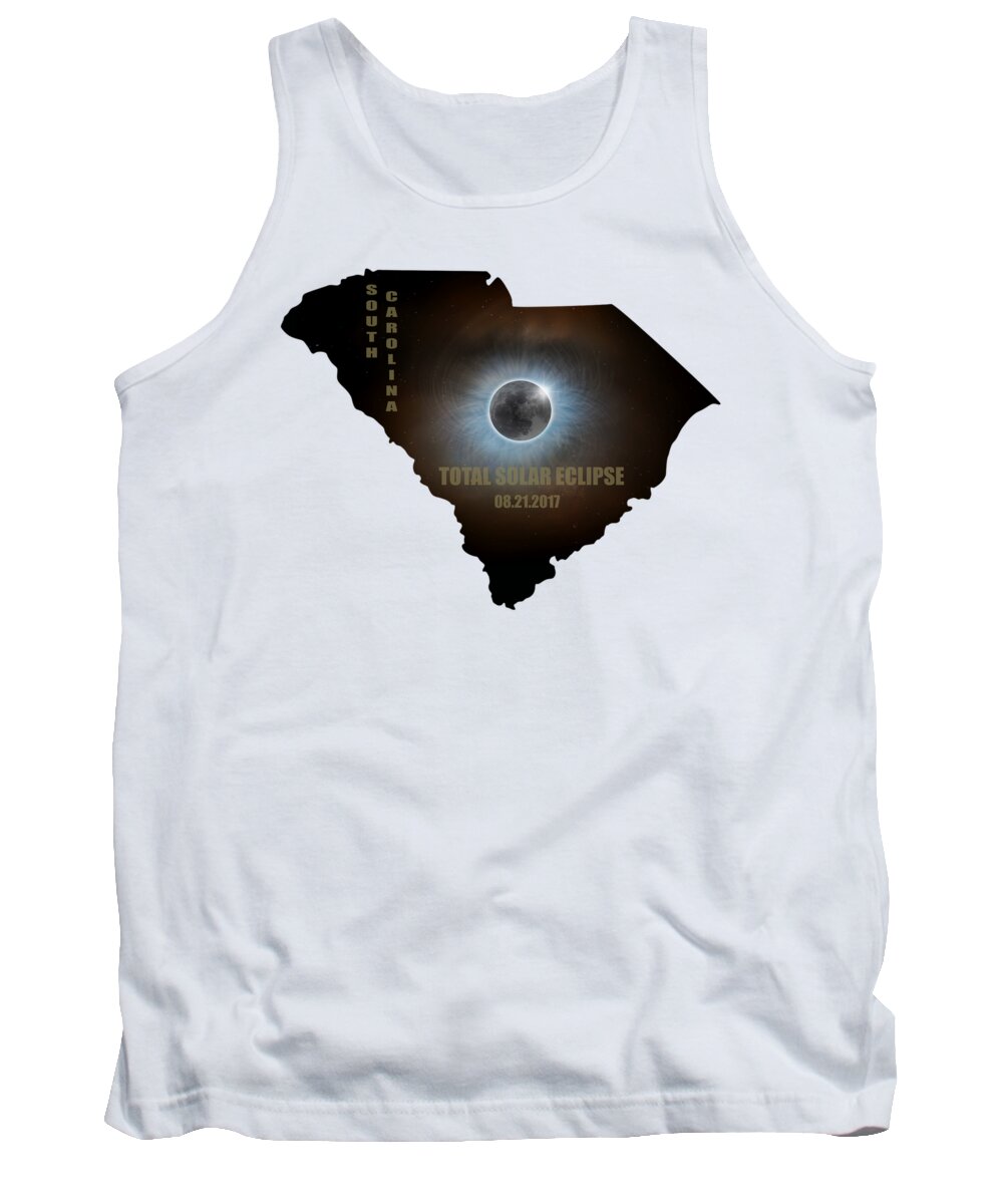 South Carolina; State; Solar; Eclipse; Total; Corona; Crown; 2017; August 21st; Event; Full; Moon; Celestial; Space; Astrology; Astronomy; Sky; Lunar; Clouds; Outline; Map; Night; Evening; Rise; Moonrise; Weather; Nature; Stormy; Hemisphere; United States; Usa; North America Tank Top featuring the photograph Total Solar Eclipse in South Carolina Map Outline by David Gn