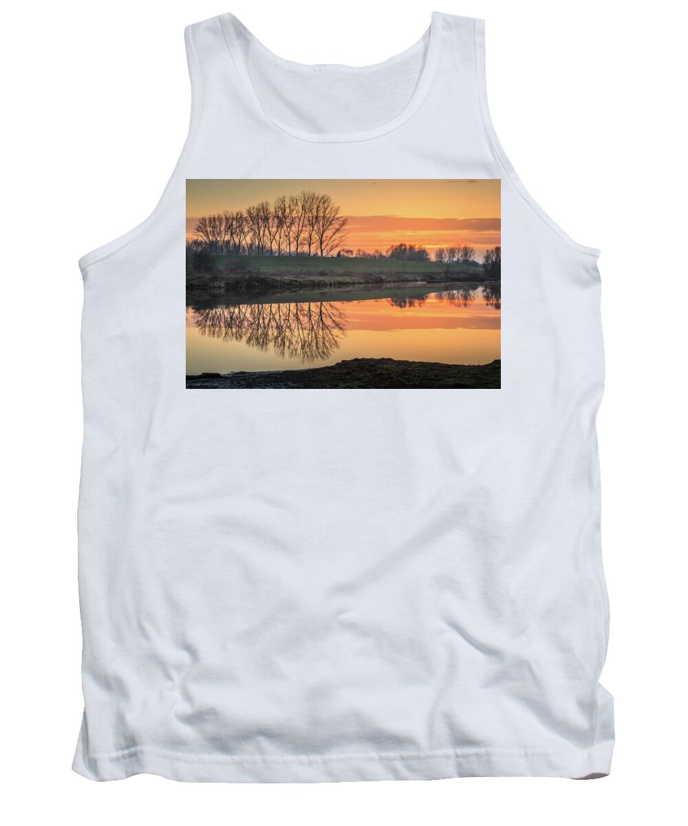 Reflection Tank Top featuring the photograph Trees reflection in the water at sunset in Meinerswijk by Tim Abeln