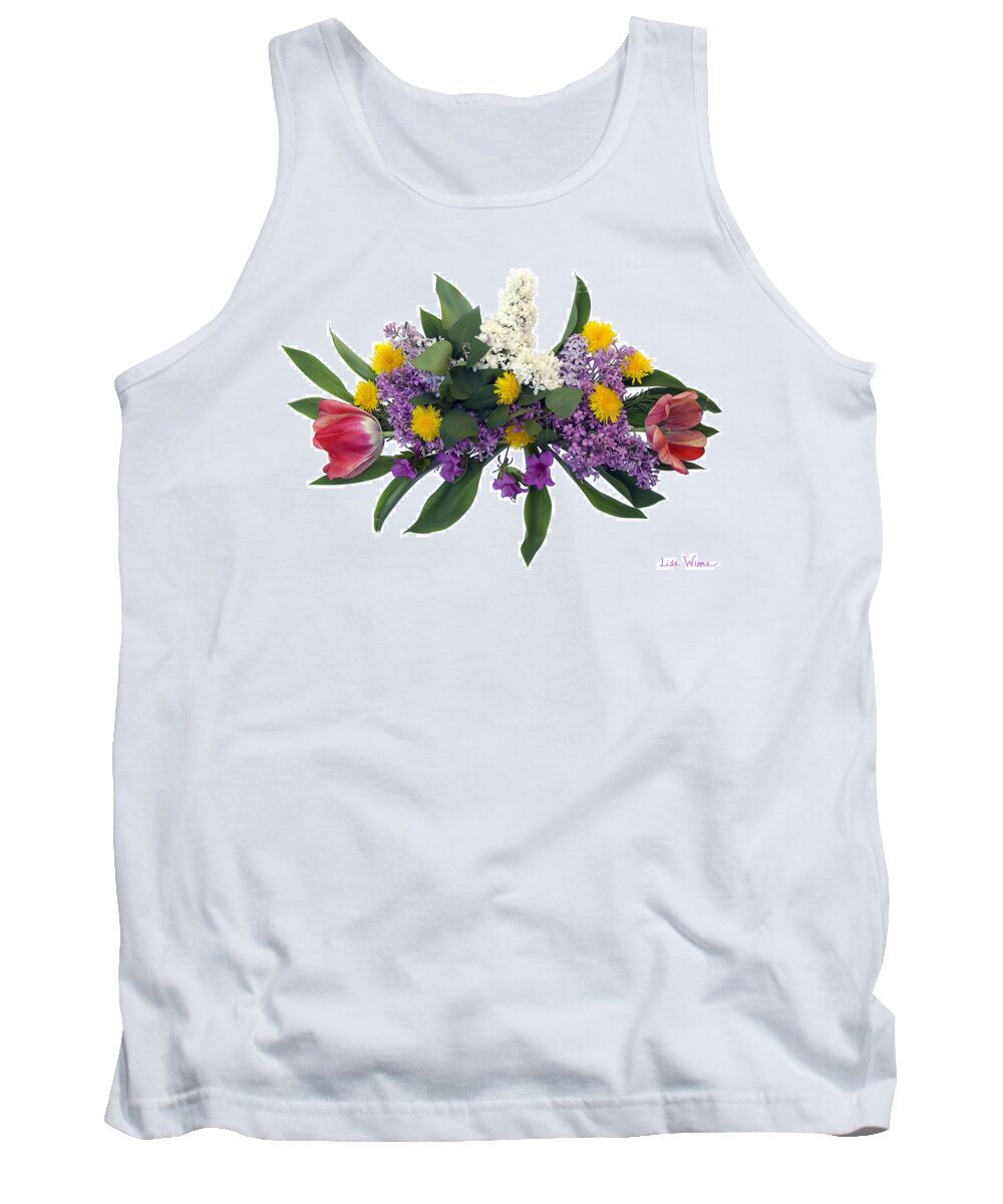 Tulips Tank Top featuring the digital art Tulip Lilac and Dandelion Bouquet by Lise Winne