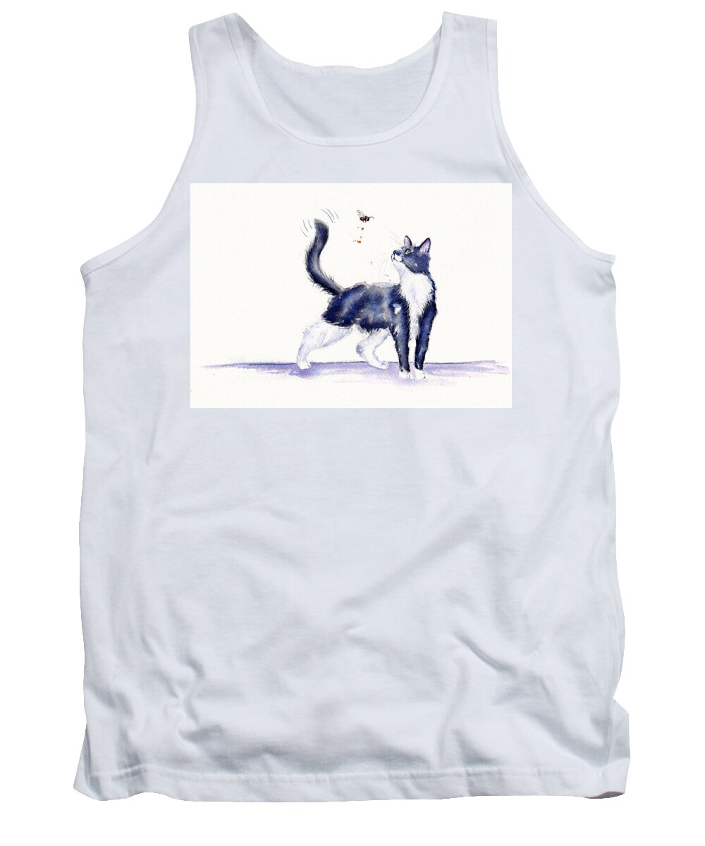 Cat Tank Top featuring the painting Tuxedo Cat and Bumble Bee by Debra Hall
