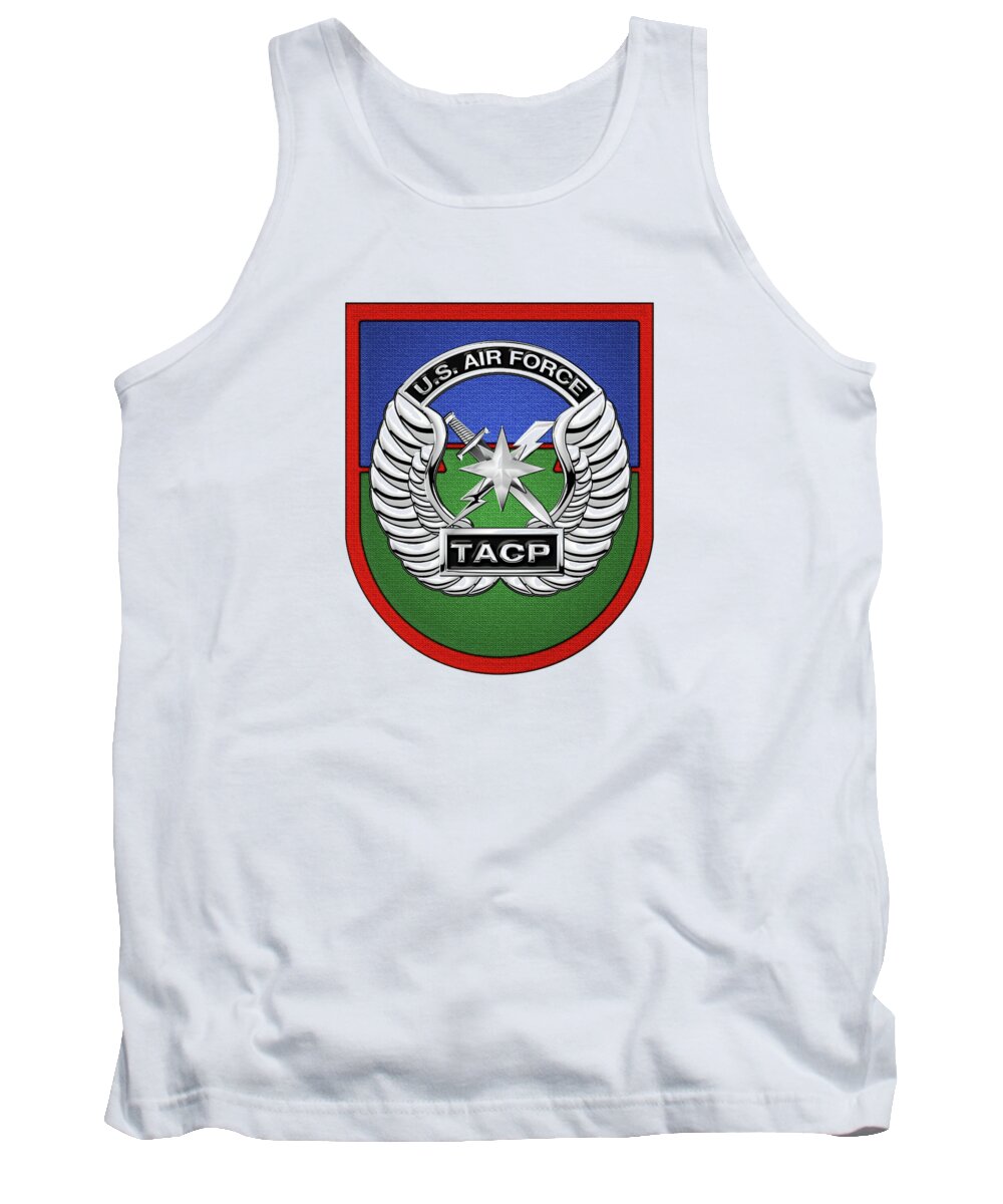 'military Insignia & Heraldry' Collection By Serge Averbukh Tank Top featuring the digital art U. S. Air Force Tactical Air Control Party - T A C P Beret Flash With Crest over White Leather by Serge Averbukh