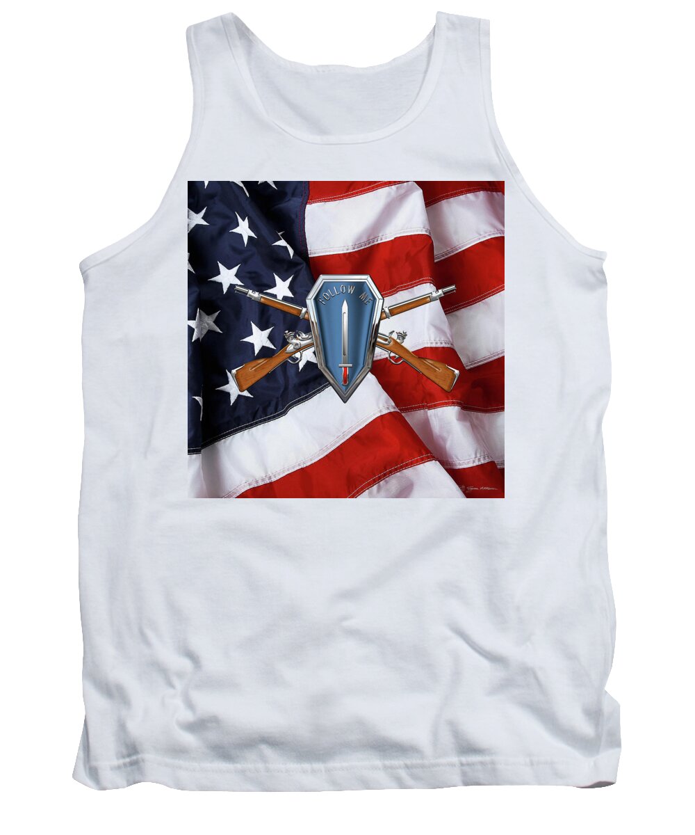 'military Insignia & Heraldry' Collection By Serge Averbukh Tank Top featuring the digital art U. S. Army Infantry School Distinctive Unit Insignia over American Flag by Serge Averbukh