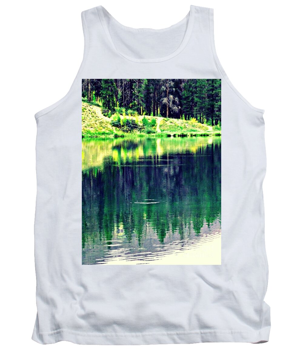  Unseen Trout Make Rings In The Water As They Feed On Tiny Flyers. Reflections From The Forest Make This Beauftiful And Calming. Seargent's Lake Off I-70 North Of Frisco Colorado Tank Top featuring the digital art Unseen Trout Makes Rings In The Water by Annie Gibbons