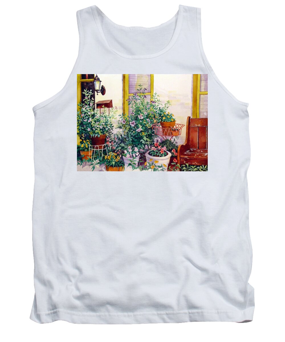 #watercolor #watercolorpainting #landscape #cityscape #frederickmd #artinfrederick #artist #garden #urbangarden Tank Top featuring the painting Urban Garden by Mick Williams