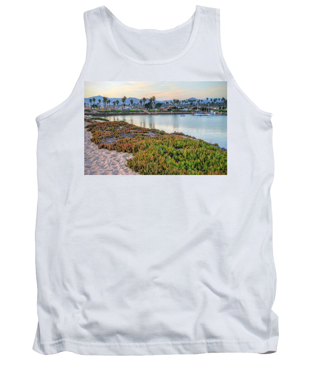 Ocean Marina Harbor Boats Sailboat Two Trees Sand Water Tank Top featuring the photograph Ventura Marina One by Wendell Ward
