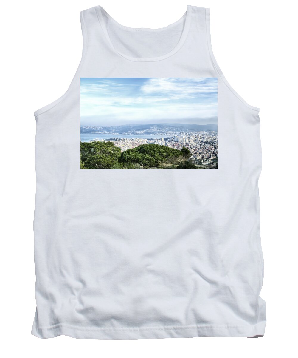Tangier Tank Top featuring the photograph View from a hill to the seaport Tangier by Gina Koch