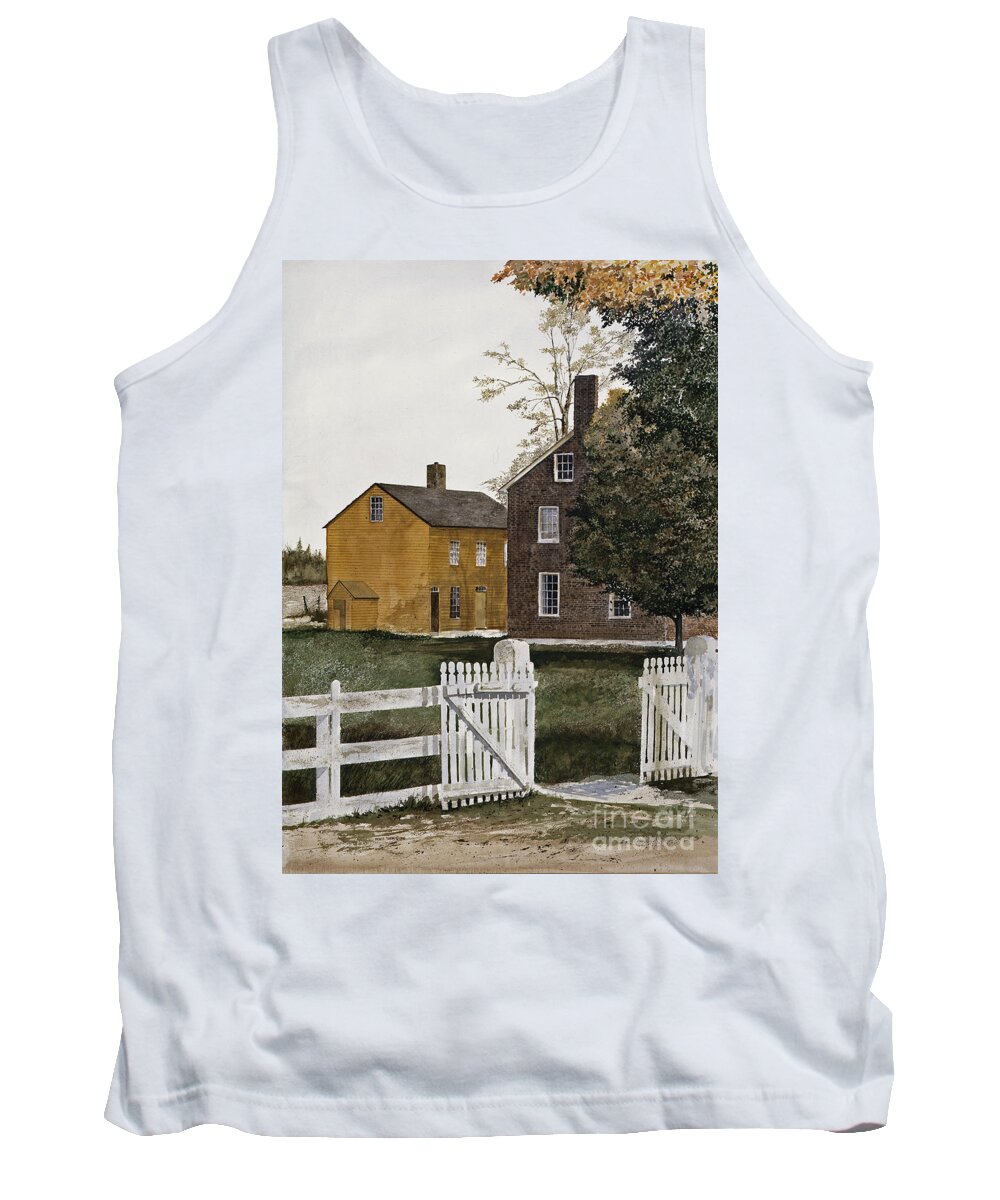 An Open Gate Beckons Come In On The Grounds Of The Pleasant Hill Shaker Village In Kentucky. Two Of The Shaker Buildings Are In The Background. Tank Top featuring the painting Village Gate by Monte Toon