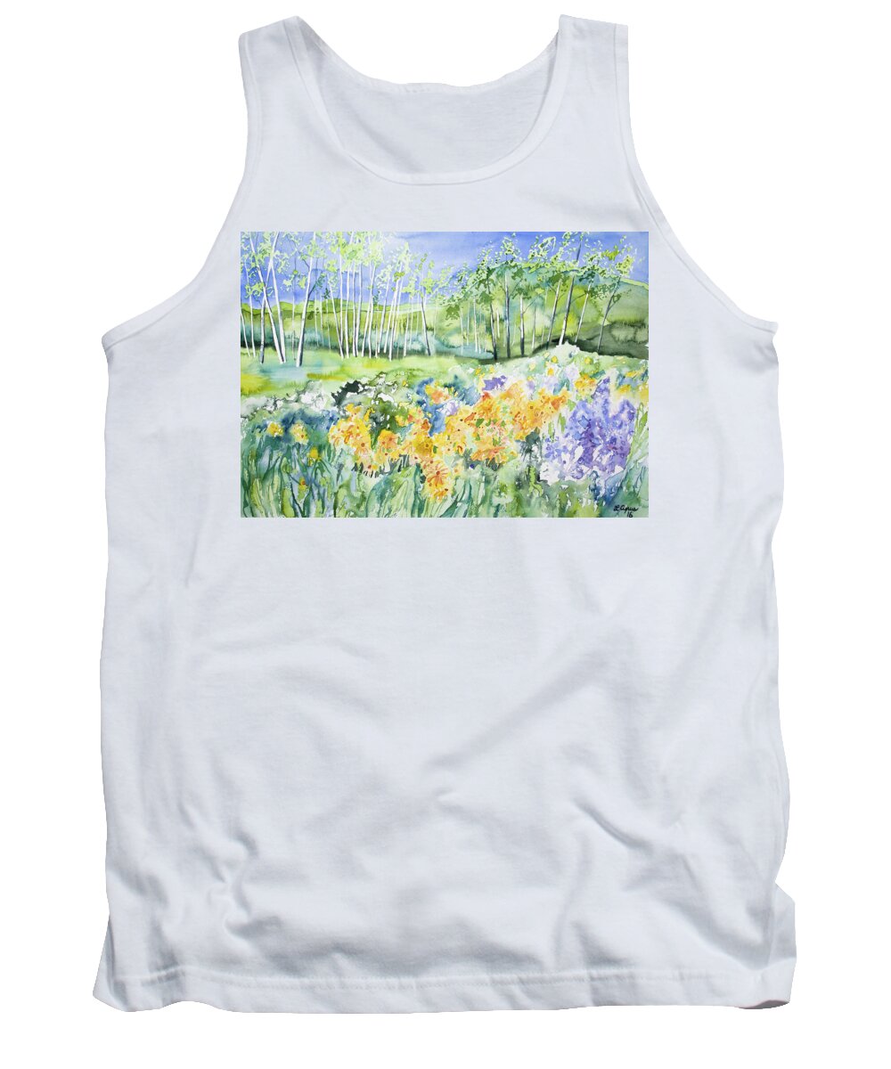 Sunflower Tank Top featuring the painting Watercolor - Sunflower, Lupine, and Aspen Landscape by Cascade Colors