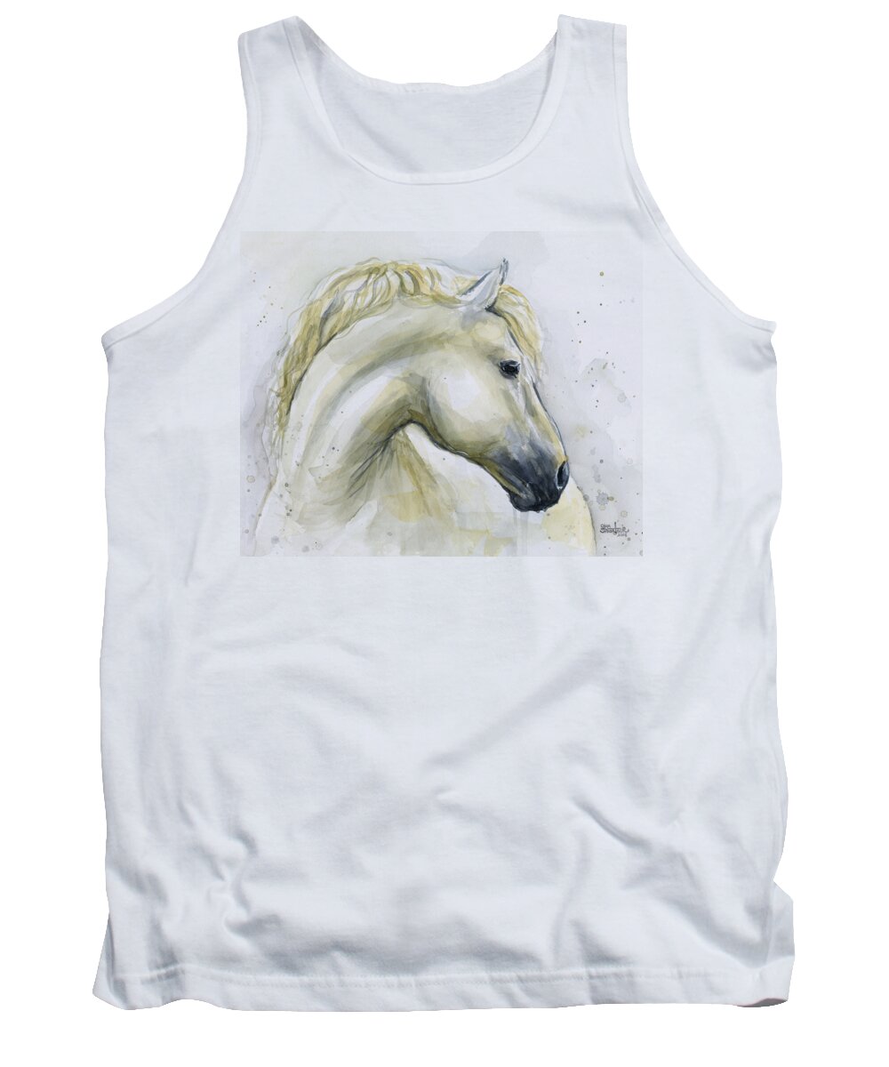 Stallion Tank Top featuring the painting White Horse Watercolor by Olga Shvartsur