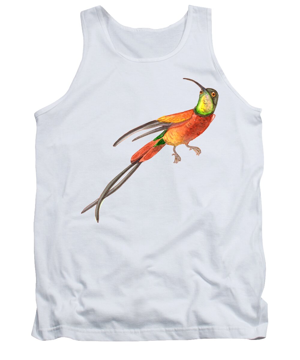 Tropical Tank Top featuring the painting Winged Jewel 6, Watercolor Tropical Rainforest Hummingbird Red, Yellow, Orange and Green by Audrey Jeanne Roberts