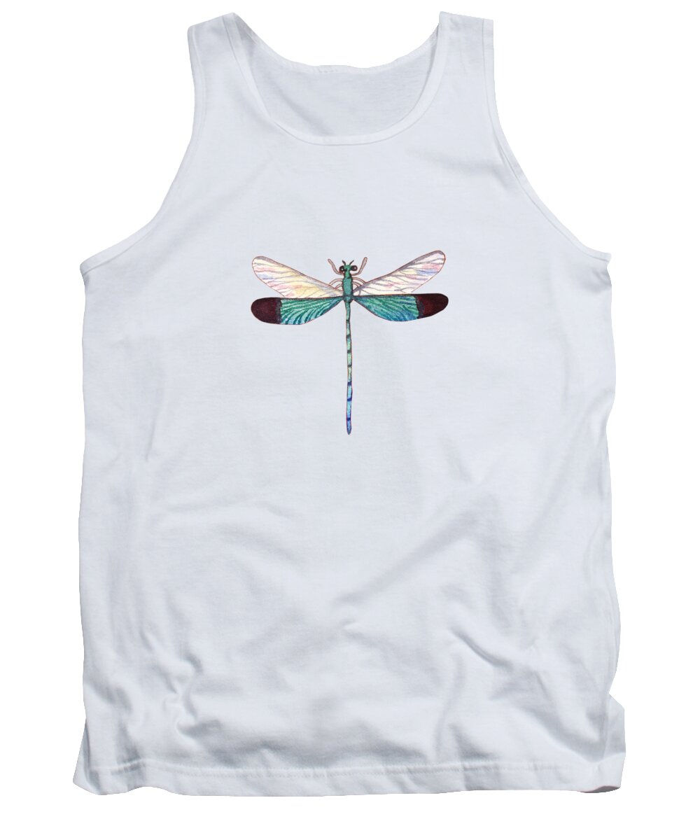 Tropical Tank Top featuring the painting Winged Jewels 1, Watercolor Tropical Dragonfly Aqua Blue Black by Audrey Jeanne Roberts