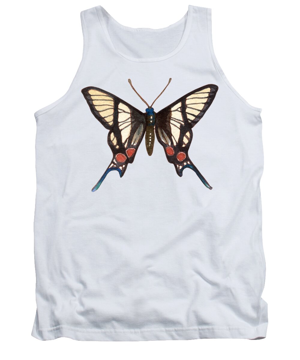 Tropical Tank Top featuring the painting Winged Jewels 4, Watercolor Tropical Butterflie Black White Red Spots by Audrey Jeanne Roberts