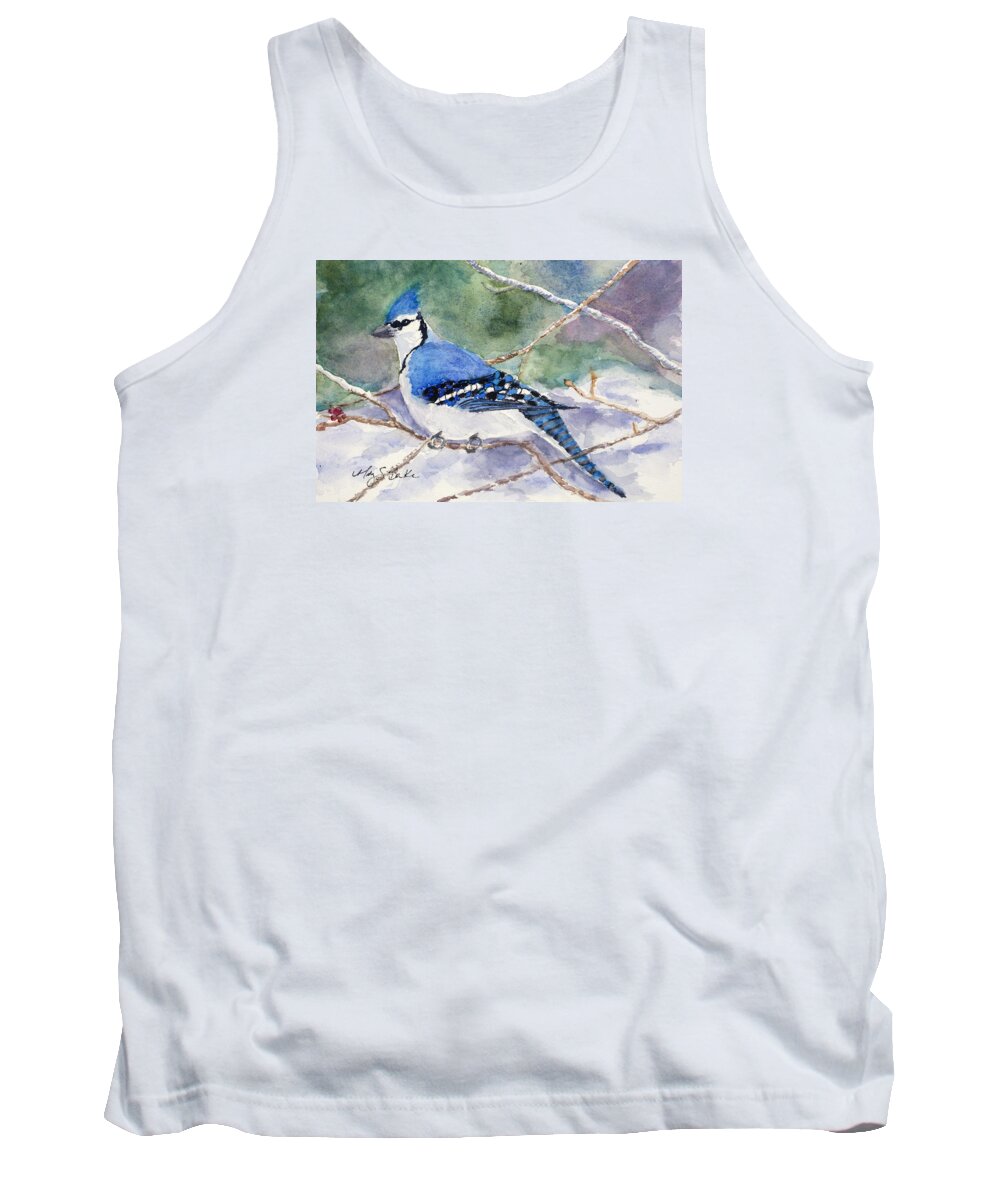 Blue Jay Tank Top featuring the painting Winter Blues by Mary Benke