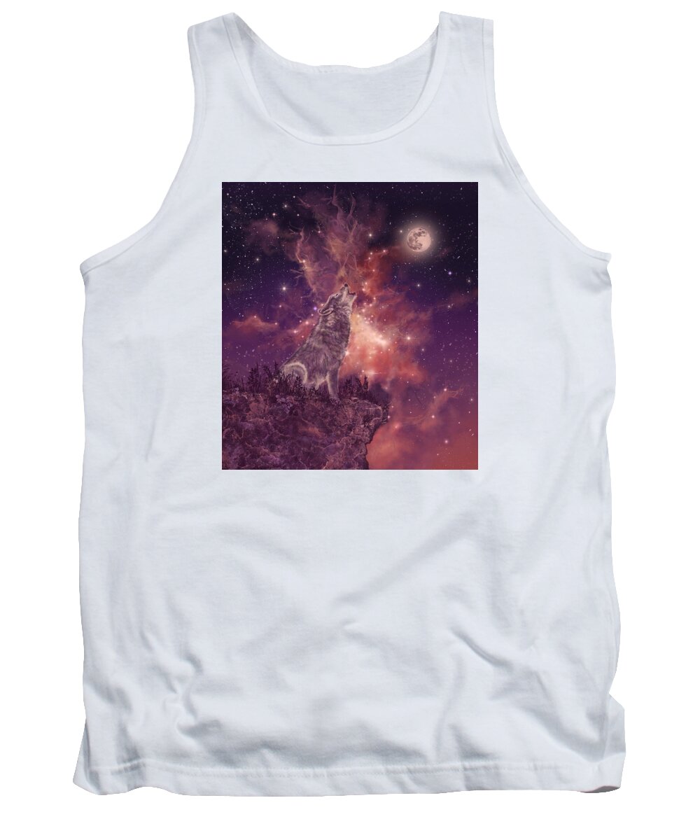 Wolf Tank Top featuring the painting Wolf And Sky Red by Bekim M