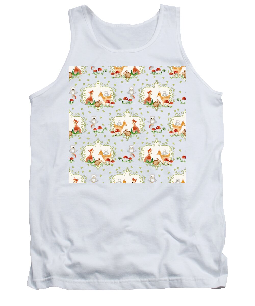 Grey Tank Top featuring the painting Woodland Fairy Tale - Warm Grey Sweet Animals Fox Deer Rabbit owl - Half Drop Repeat by Audrey Jeanne Roberts