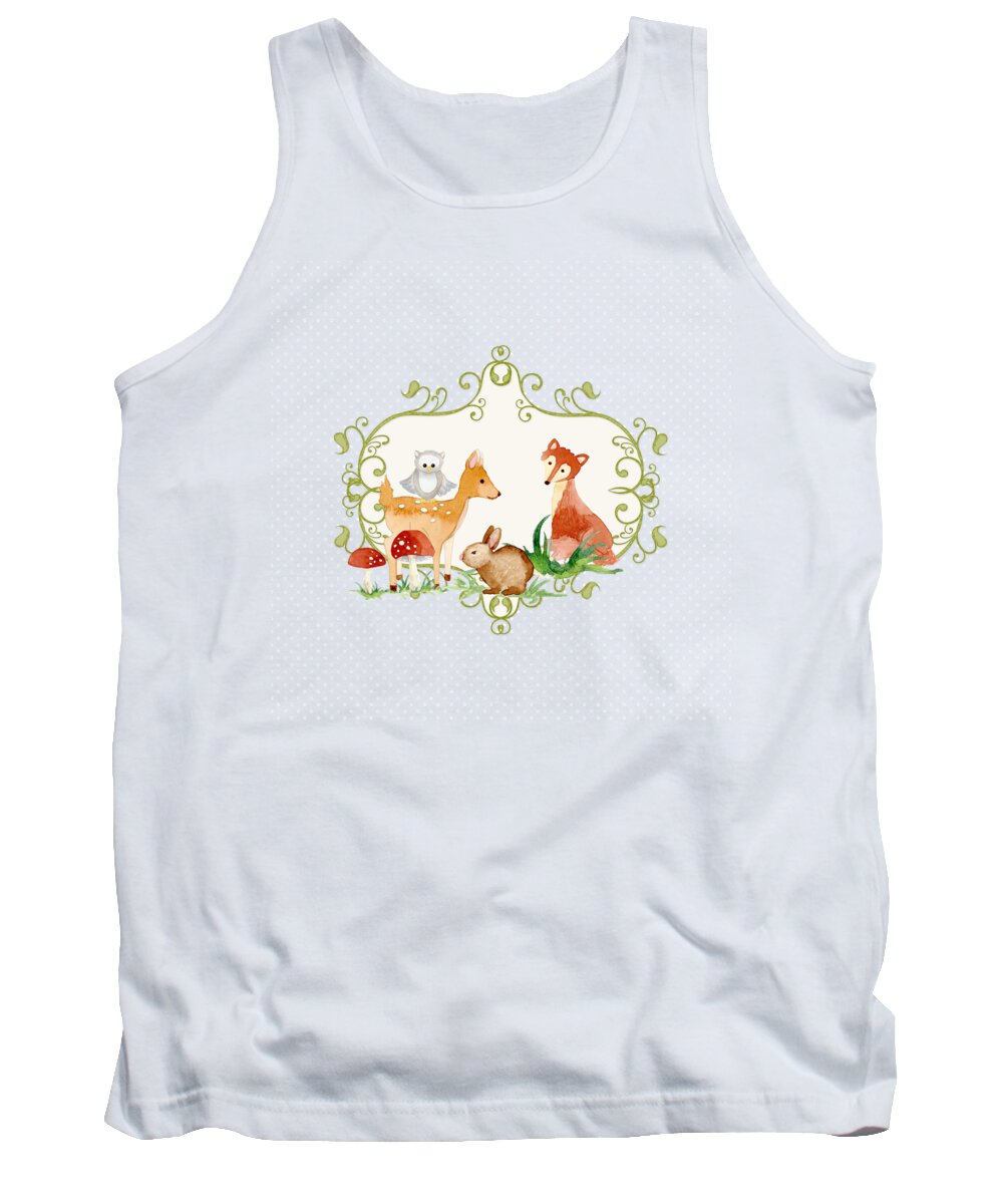 Woodland Tank Top featuring the painting Woodland Fairytale - Animals Deer Owl Fox Bunny n Mushrooms by Audrey Jeanne Roberts