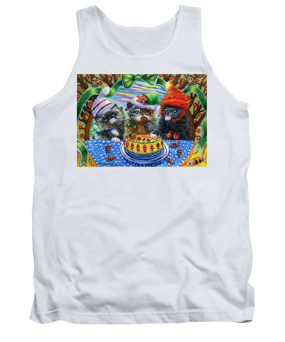 Kittens Black Tank Top featuring the painting Yummy Fish Cake by Jacquelin L Westerman