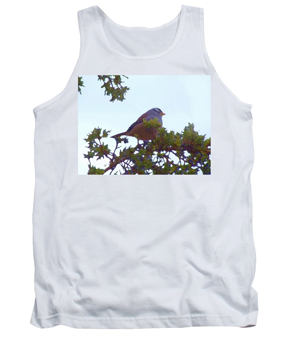 Birds Tank Top featuring the mixed media White Crowned Sparrow in Cedar by Shelli Fitzpatrick